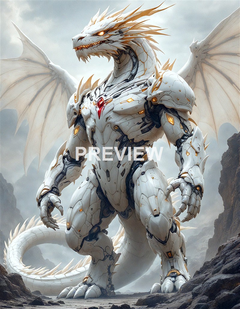 A large, white, robotic dragon with glowing orange eyes and intricate armor plating stands on rocky terrain with a cloudy sky in the background.